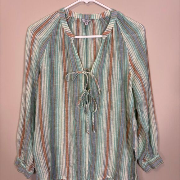 Rails Green with Orange, Pink, and Blue Striped Long Sleeve Blouse Top XS - Picture 3 of 6